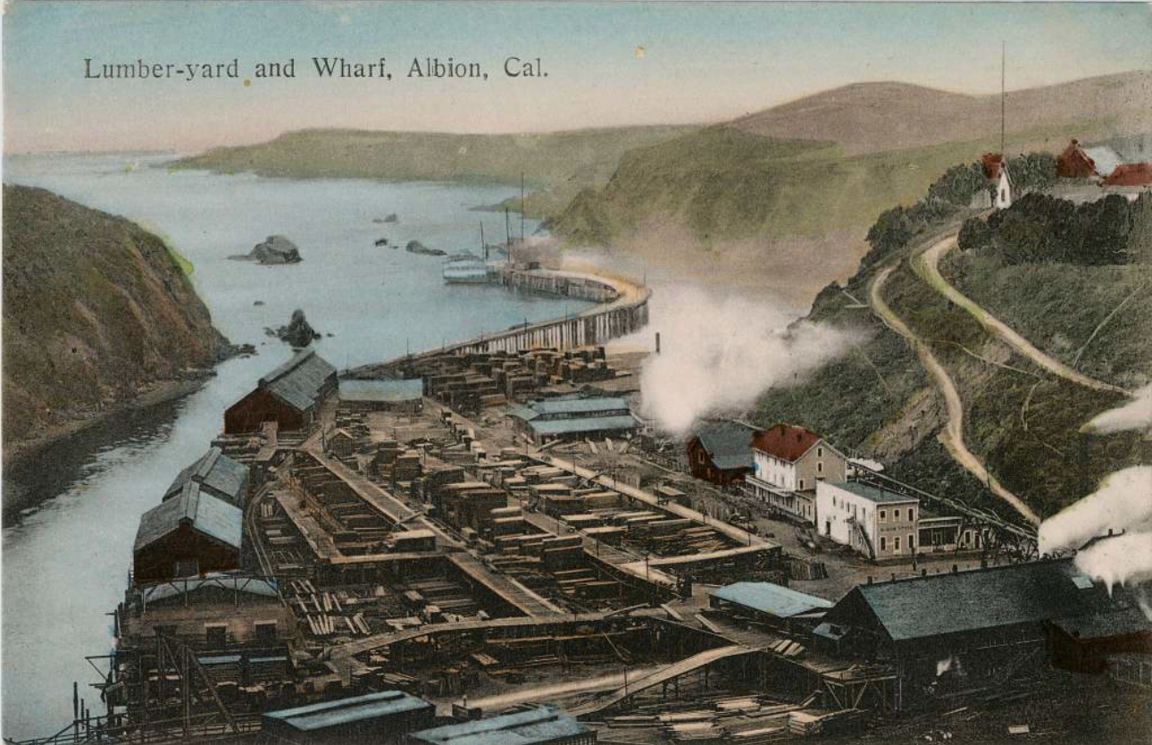 Historical photograph of early lumber operations in Albion, Mendocino County, California